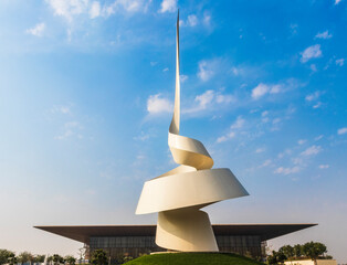 Sharjah, UAE - 09.07.2021 - Monument known as The Scroll that placed close to House of Wisdom...