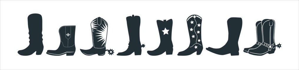 Cowboy boot Illustration. Cowgirl boot heels vector silhouette illustration set. Vector stock design for sticker printing