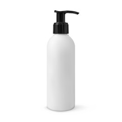 Realistic cosmetic bottle with dispenser mock-up isolated on white background. White plastic with black cap beauty product container 3d vector illustration