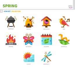 spring season icon set,color flat style,vector and illustration