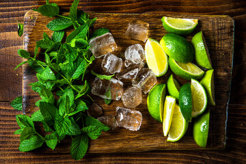 Fresh Ingredients for Perfect Mojito, Lime Mint Soda and Ice