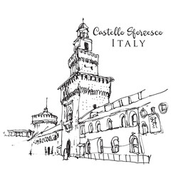 Naklejka premium Drawing sketch illustration of Castello Sforzesco in Milan, Italy