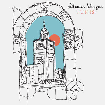 Drawing sketch illustration of Zitouna Mosque in Tunis, Tunisia