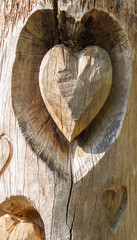 Symbol of love - heart shape carved in wooden tree trunk
