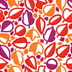 Stylish cartoon autumn leaves seamless vector pattern, endless wallpaper or textile swatch with tree floral, red fall life theme.