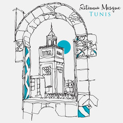 Drawing sketch illustration of Zitouna Mosque in Tunis, Tunisia - obrazy, fototapety, plakaty