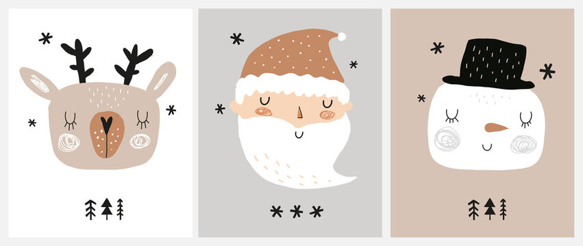 Cute Christmas Party Vector Illustrations with Snowman, Deer, Santa Claus and Trees on a White, Gray and Brown Background. Hand Drawn Infantile Style Winter Holidays Prints ideal for Card, Wall Art. 