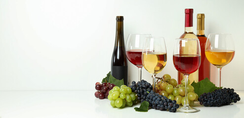 Concept of tasting different wine on white table