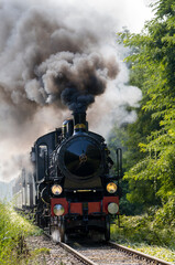 Naklejka na ściany i meble Vintage steam train runs on the tracks in the countryside