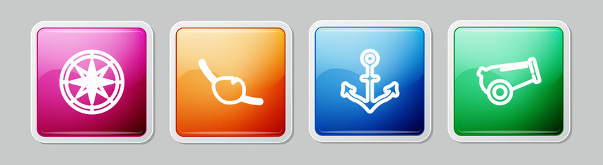 Set line Compass, Pirate eye patch, Anchor and Cannon. Colorful square button. Vector