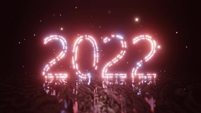 Happy New year 2022. The inscription 2022 is lit with bright neon light and shimmers. 4K christmas background.