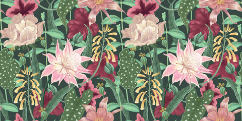 Botanical seamless pattern. Flowers, buds, leaves. Floral vintage background. Perfect for paper, wallpaper, textiles, goods