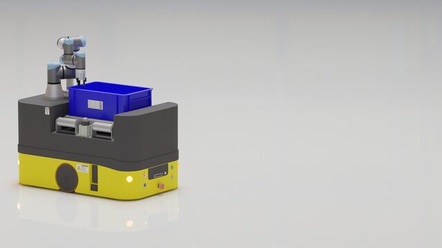 The AGV (Automated guided vehicle) with handling robot on white background. 3D illustration