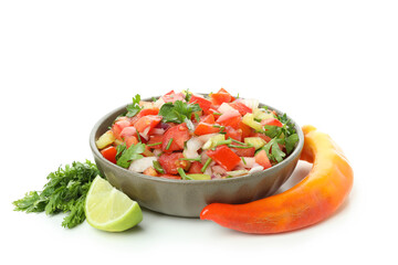 Bowl of Pico de Gallo isolated on white background