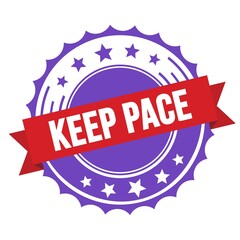 KEEP PACE text on red violet ribbon stamp.