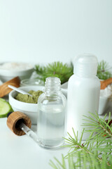 Natural spa cosmetics on white background, close up