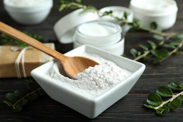 Natural spa cosmetics on rustic wooden table