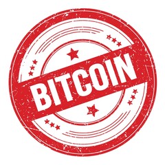 BITCOIN text on red round grungy stamp.