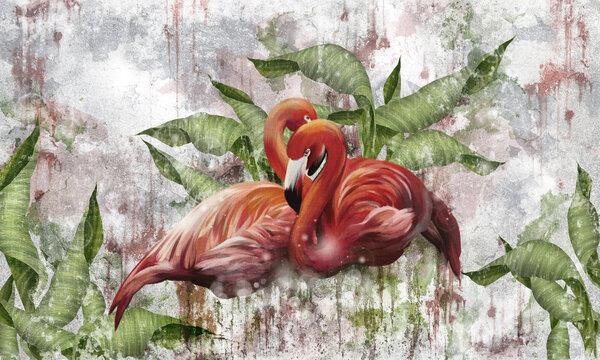 art drawn flamingos on a textured background in the leaves, wall murals in a room or home interior © Виктория Лысенко