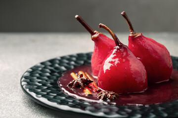 Pear poached in red wine, dessert - obrazy, fototapety, plakaty