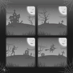 Halloween illustrations, night  backgrounds in gray tones. Vector collection for halloween. Big glowing moon with bats, zombie and flying witch. Wtich house, sinister tree and graves