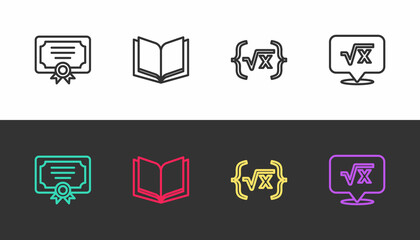 Set line Certificate template, Open book, Square root of x glyph and on black and white. Vector