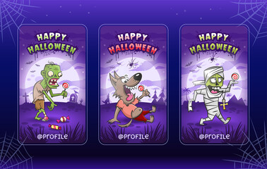 Obraz premium Happy Halloween. Stories templates collection. Cartoon vector illustrations for halloween. Zombie, werewolf and mummy with candies lollipops. Big glowing full moon.