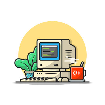 Old Computer Desktop with Coffee and Plant Cartoon Vector Icon Illustration. Technology Drink Icon Concept Isolated Premium Vector. Flat Cartoon Style