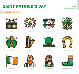 saint patrick's day icon set,filled outline style,vector and illustration