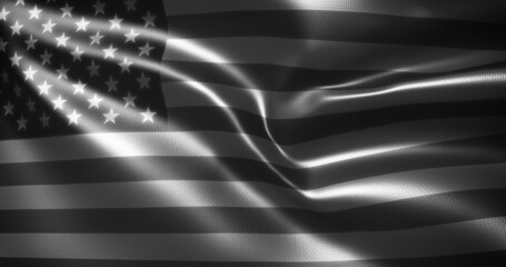 Black and White American Flag, United States of America flag with waving folds, close up view, 3D rendering