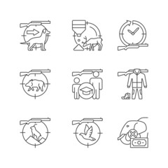 Animal hunter linear icons set. Dog handler. Goat and boar hunting. Pigeon shooting. Hunt education. Customizable thin line contour symbols. Isolated vector outline illustrations. Editable stroke