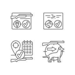 Hunting regulations linear icons set. Resident hunting license. Pursue and capture game with dog. Customizable thin line contour symbols. Isolated vector outline illustrations. Editable stroke