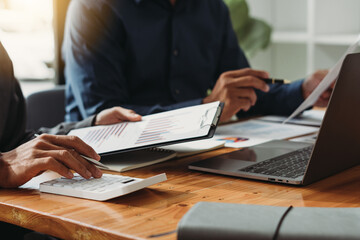 Fototapeta premium business people partners group negotiating at boardroom meeting.Multiethnic executive team discussing financial partnership agreement project strategy brainstorming sitting at table in office.