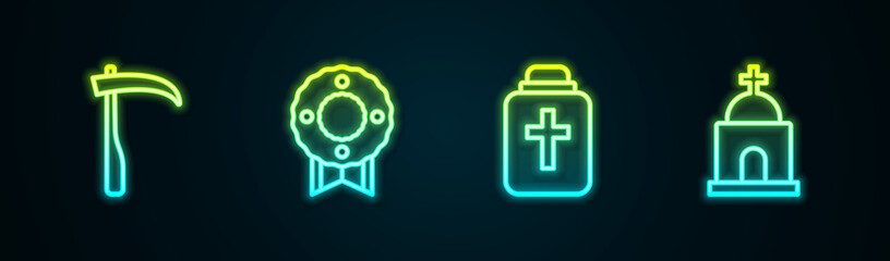Set line Scythe, Memorial wreath, Funeral urn and Old crypt. Glowing neon icon. Vector