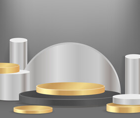Modern black and gold cylinder pedestal podium, minimal, Stage for awards on website,  Abstract room,