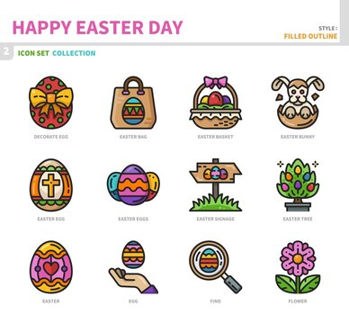 happy easter day icon set,filled outline style,vector and illustration