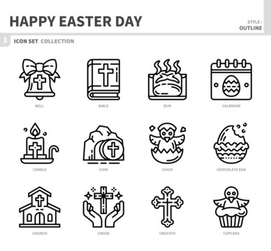 happy easter day icon set,outline style,vector and illustration