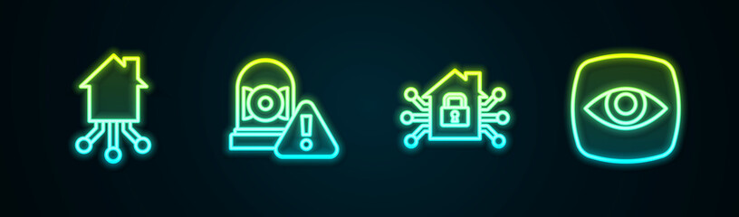 Set line Smart home, Ringing alarm bell, and Security camera. Glowing neon icon. Vector