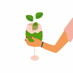 Healthy food and detox. A female hand holding a glass of spinach juice. Vector illustration.