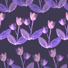 abstract seamless pattern pink tulips on purple background