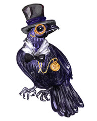 character crow in top hat and monocle with watch on chain