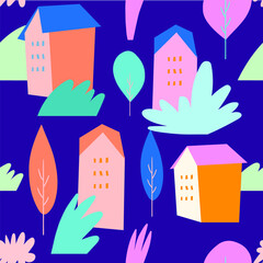 modern seamless pattern with doodle buildings, bushes, trees on violet background. Modern wall art design