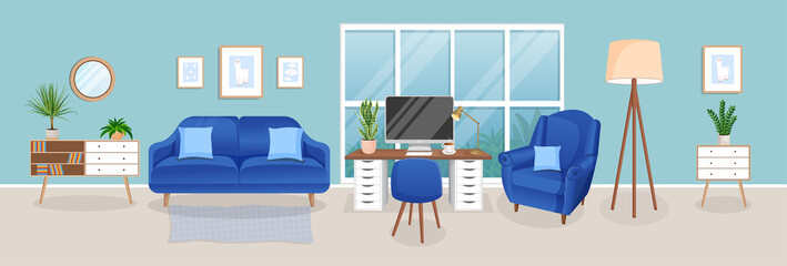Design of a cozy room for working from home. Office with computer, workplace room, cabinet. Modern living room interior with furniture and house plants. Vector flat style illustration.