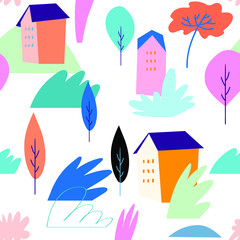modern seamless pattern with doodle buildings, bushes, trees on black background. Modern wall art design