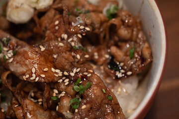 Grilled beef white sesame topping on rice. Japan food style