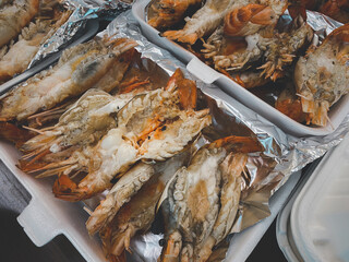 Delicious grilled giant river prawn in box