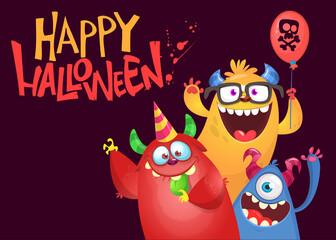 Сartoon monsters characters. Illustration of happy scary smiling alien creatures for Halloween party. Package, poster or greeting invitation design. Vector