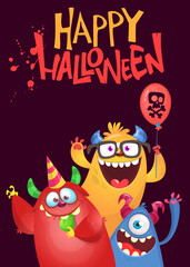 Сartoon monsters characters. Illustration of happy scary smiling alien creatures for Halloween party. Package, poster or greeting invitation design. Vector