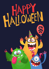 Сartoon monsters characters. Illustration of happy scary smiling alien creatures for Halloween party. Package, poster or greeting invitation design. Vector
