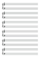 Musical notation with lines, treble clef and bass clef on a white background, united by a curly brace. Template for teaching and recording melodies, playing with two hands. Vector.